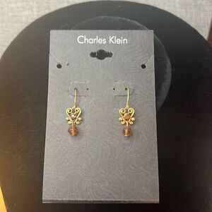 New Charles Klein Heart Shaped Gold Tone and Topaz Dangle Earrings